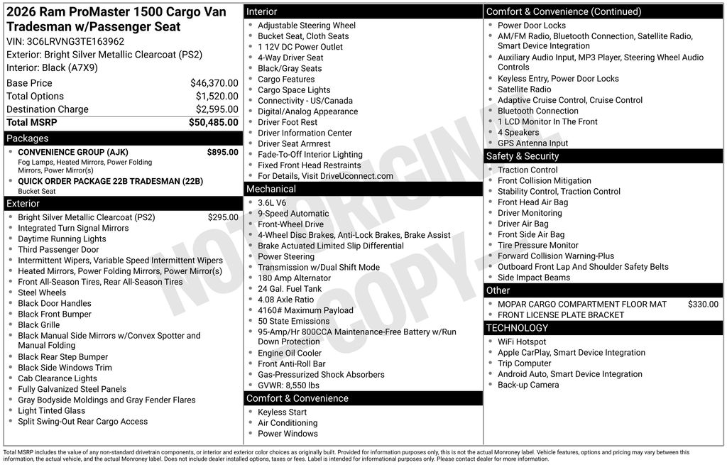 new 2026 Ram ProMaster 1500 car, priced at $40,799