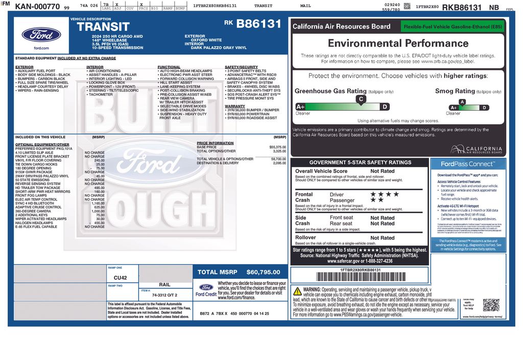 New 2024 Ford Transit Cargo Van 148 WB Long 250 High Roof