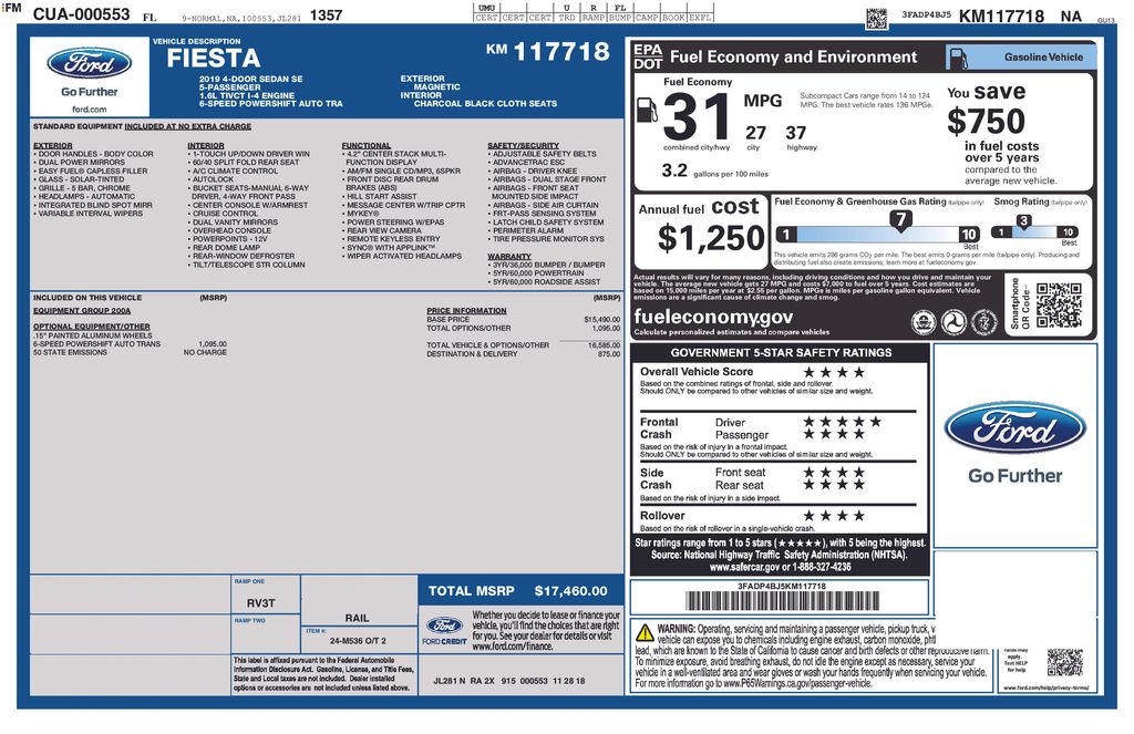 Used 2019 Ford Fiesta SE with VIN 3FADP4BJ5KM117718 for sale in New Smyrna Beach, FL