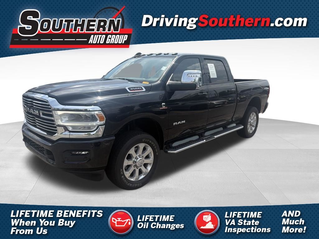 Diamond Black Crystal Pearlcoat 2023 RAM 3500 Laramie Crew Cab 4WD Pickup Truck Four-Wheel Drive 6-Speed Automatic