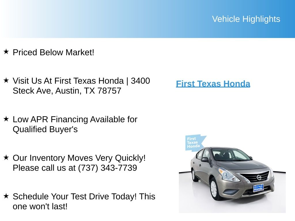 Used Car 2015 Nissan Versa  1.6 S Plus For Sale Under $10,000 In Austin, Texas