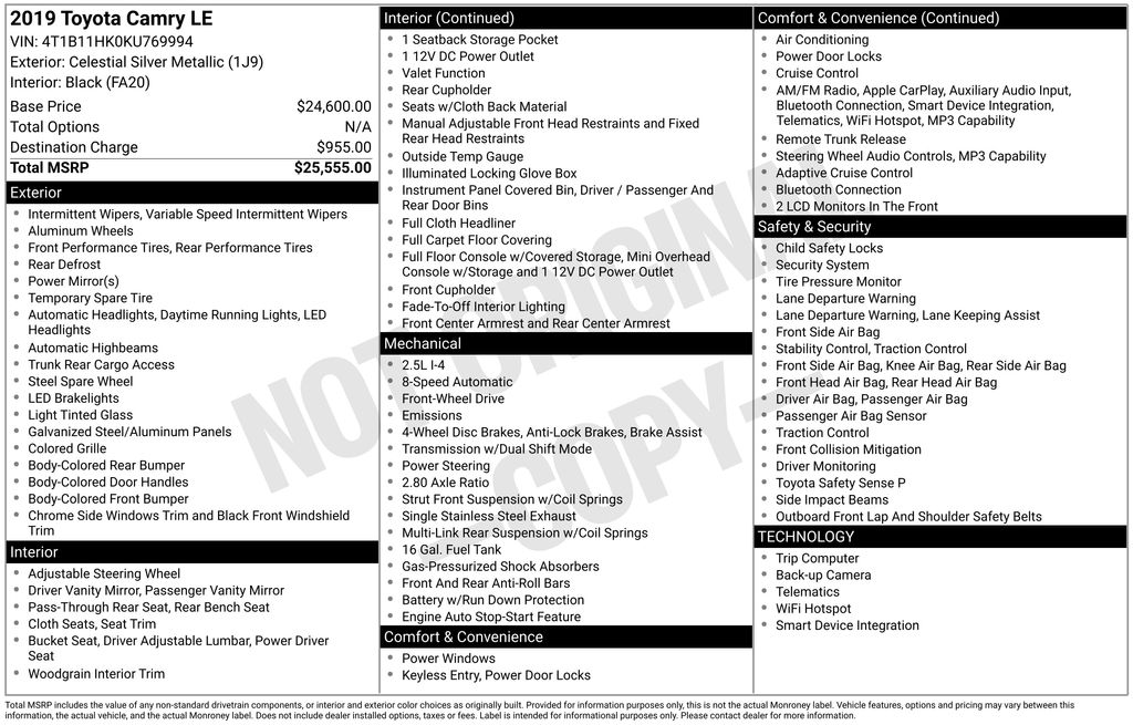 2019 Toyota Camry 2.5 Auto LE's photo