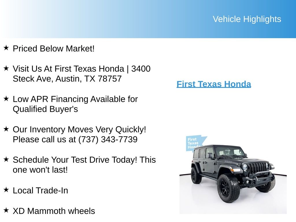 Used Car 2021 Jeep Wrangler  Unlimited Willys For Sale Under $25,000 In Austin, Texas