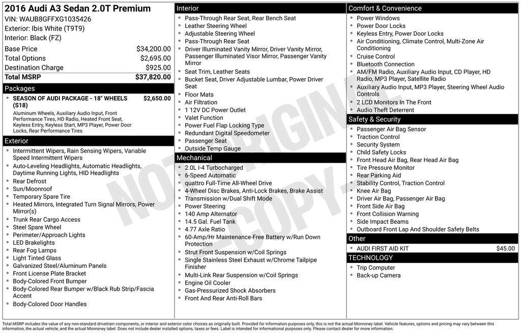 2016 Audi A3 2.0T quattro Premium Sedan AWD