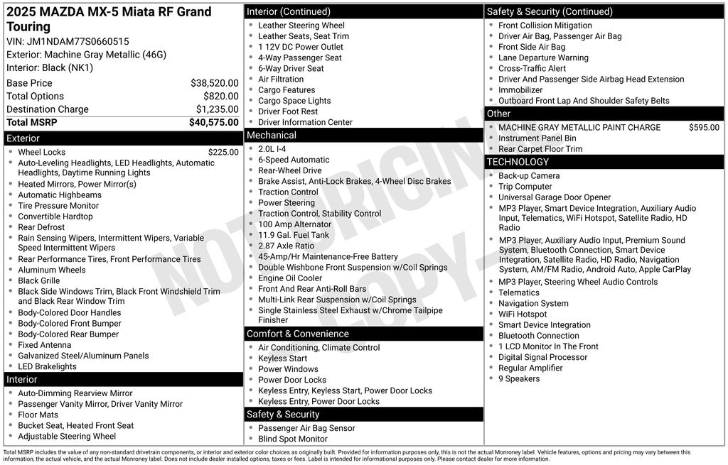 Machine Gray 2025 Mazda MX-5 Miata Convertible Rear-Wheel Drive 6-Speed Automatic