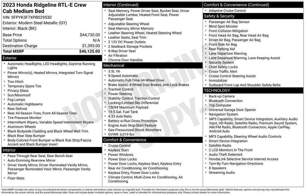Gray (Modern Steel Metallic) 2023 Honda Ridgeline Pickup Truck All-Wheel Drive Automatic