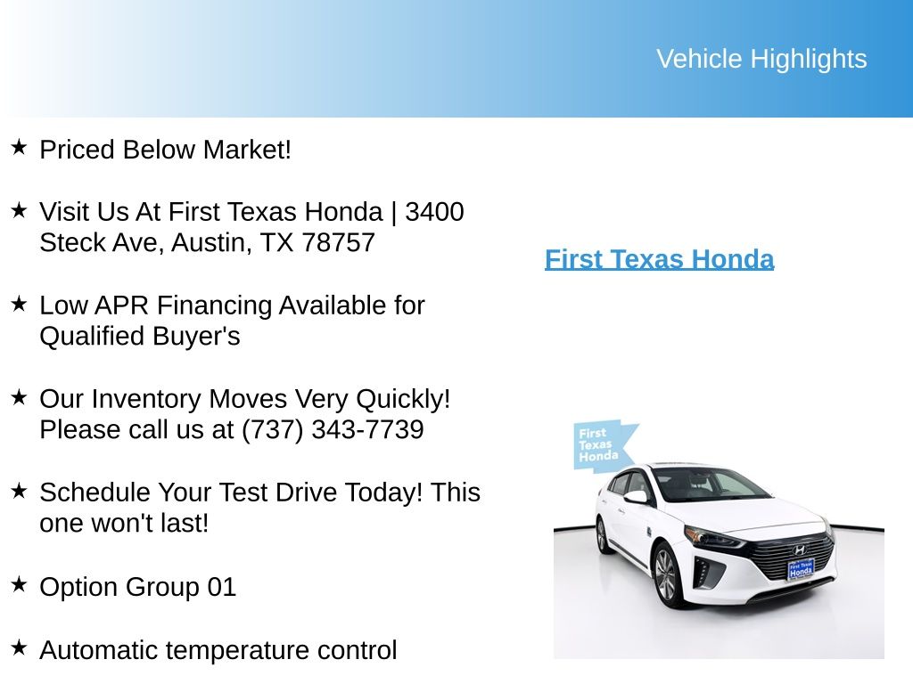 Used Car 2019 Hyundai Ioniq Hybrid  Limited For Sale Under $20,000 In Austin, Texas