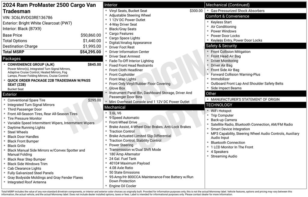 2024 Ram ProMaster 2500 Cargo Van Tradesman High Roof 159" WB w/Pass Seat