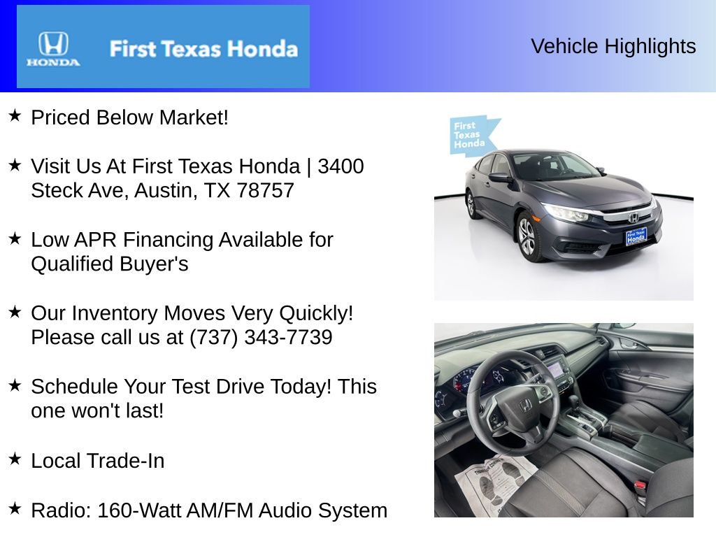 Used Car 2016 Honda Civic  Lx For Sale In Austin, Texas
