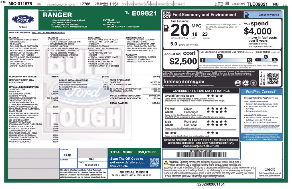 Avalanche 2026 Ford Ranger Pickup Truck Four-Wheel Drive Automatic
