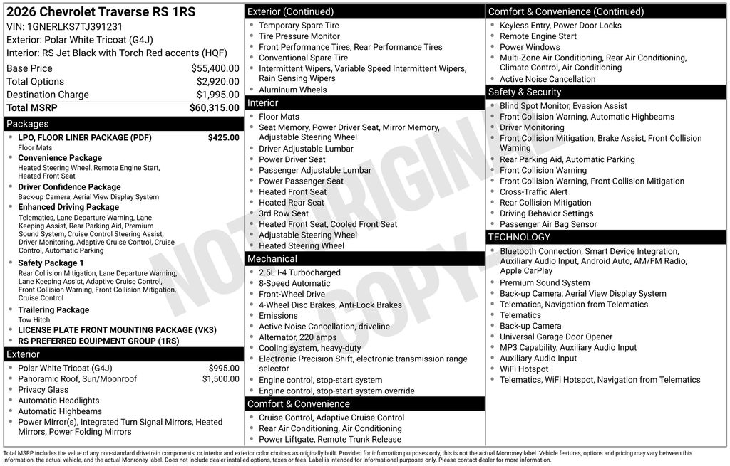 Polar White Tricoat 2026 Chevrolet Traverse SUV / Crossover Front-Wheel Drive 8-Speed Automatic