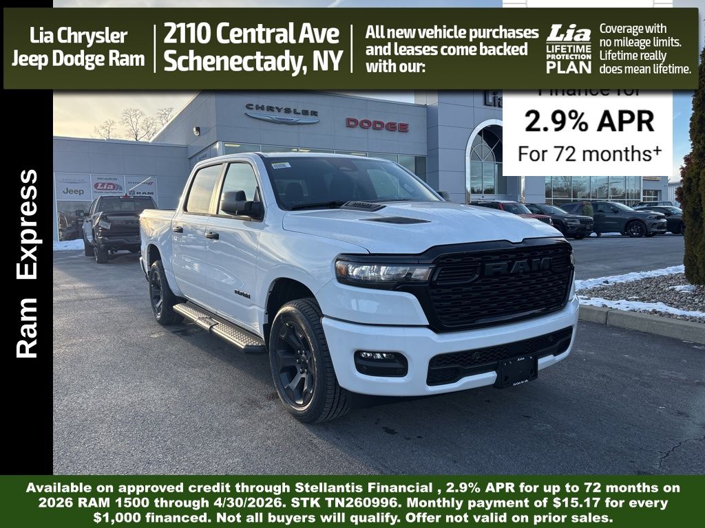 Bright White Clearcoat 2026 RAM 1500 Express Crew Cab 4WD Pickup Truck Four-Wheel Drive 8-Speed Automatic