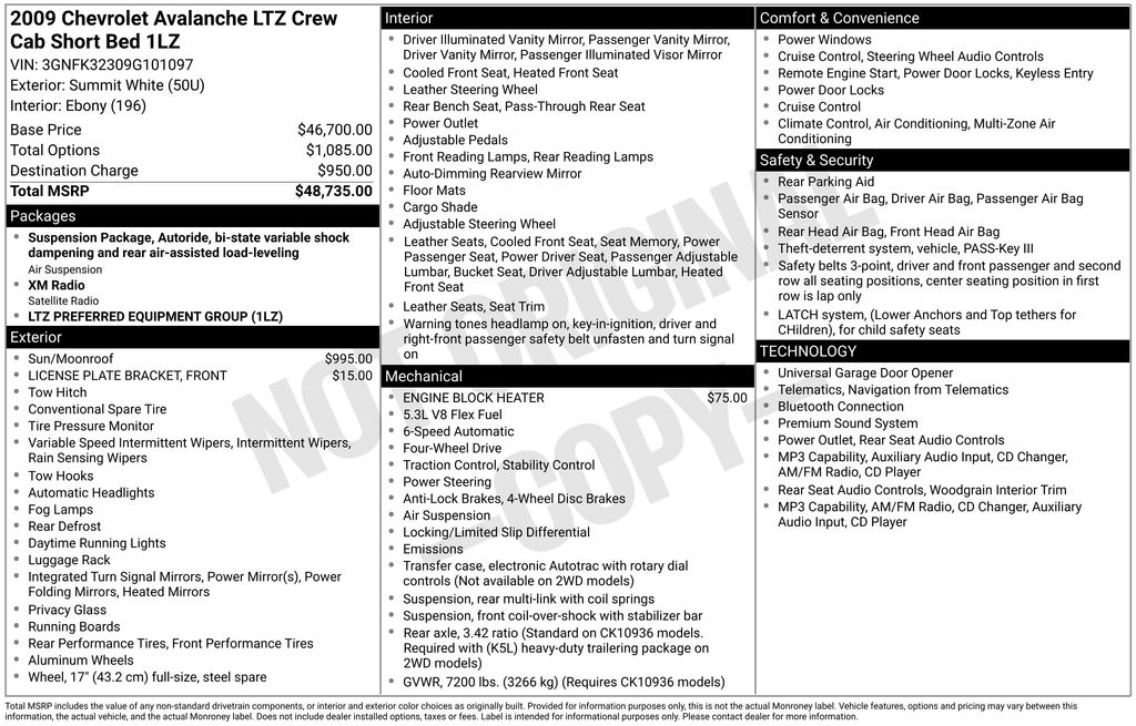 Summit White (Fleet) 2009 Chevrolet Avalanche LTZ 4WD Pickup Truck Four-Wheel Drive 6-Speed Automatic