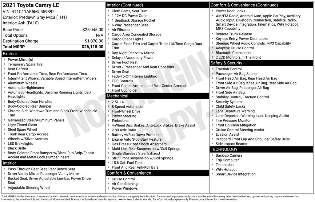 2021 Toyota Camry 2.5 Auto LE's photo