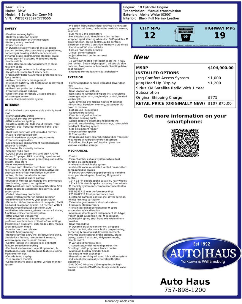 Alpine White 2007 BMW M6 Convertible RWD Convertible Rear-Wheel Drive 6-Speed Manual