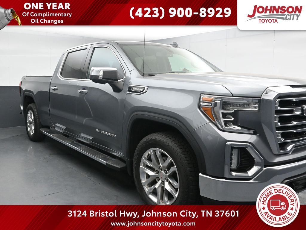 Gray (Satin Steel Metallic) 2019 GMC Sierra 1500 SLT Crew Cab 4WD Pickup Truck Four-Wheel Drive 8-Speed Automatic