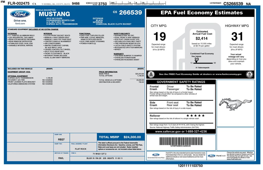 Used 2012 Ford Mustang V6 with VIN 1ZVBP8AM3C5266539 for sale in Carlsbad, CA