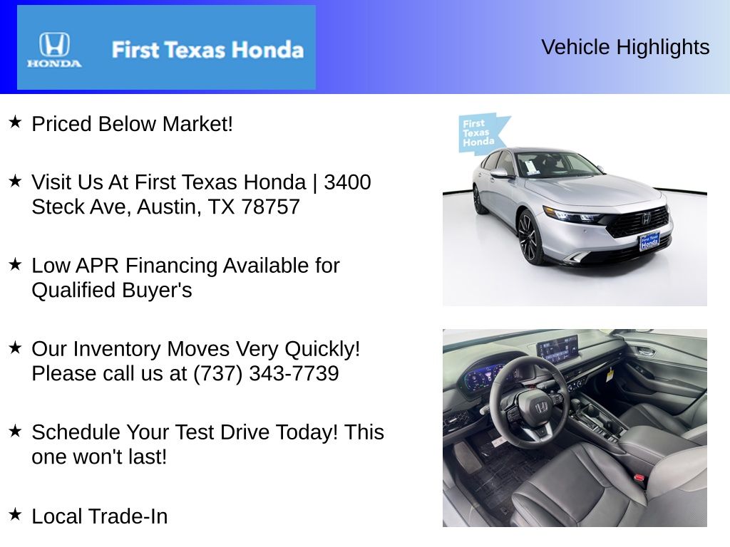 New Car 2025 Honda Accord Hybrid  Touring For Sale Under $40,000 In Austin, Texas