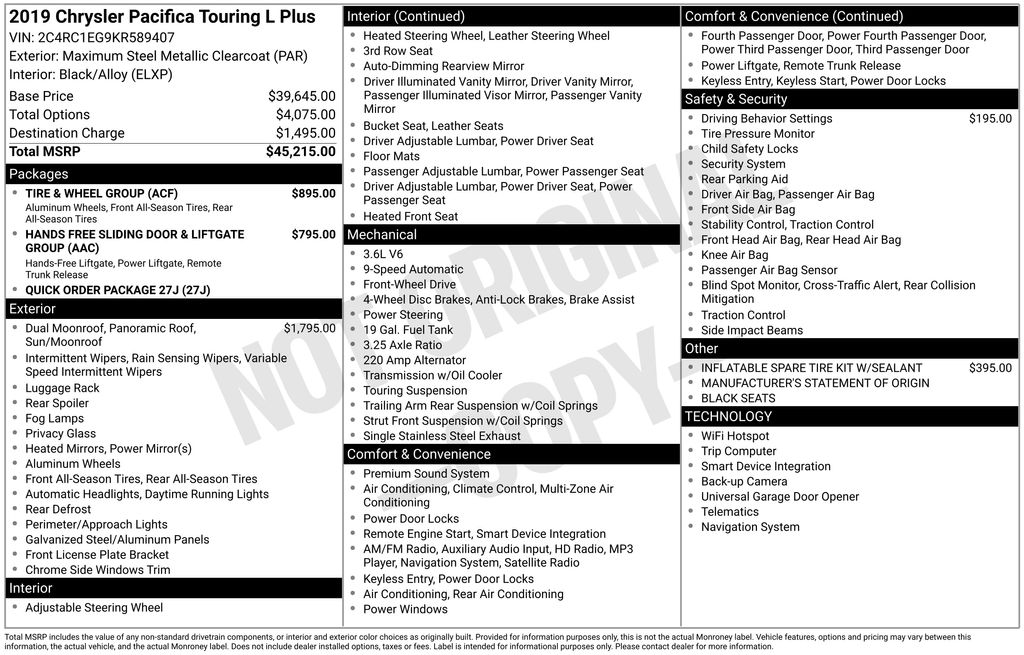 Used Car 2019 Chrysler Pacifica  Touring L Plus For Sale Under $20,000 In Austin, Texas