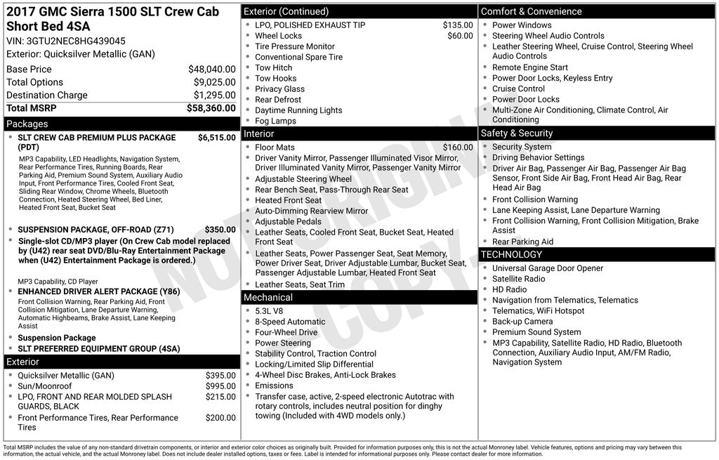 Quicksilver Metallic 2017 GMC Sierra 1500 SLT Crew Cab 4WD Pickup Truck Four-Wheel Drive 8-Speed Automatic Overdrive