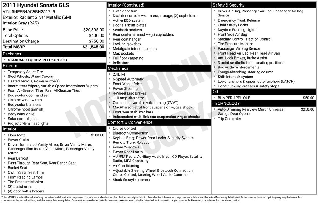 Used Car 2011 Hyundai Sonata  Gls For Sale Under $10,000 In Austin, Texas