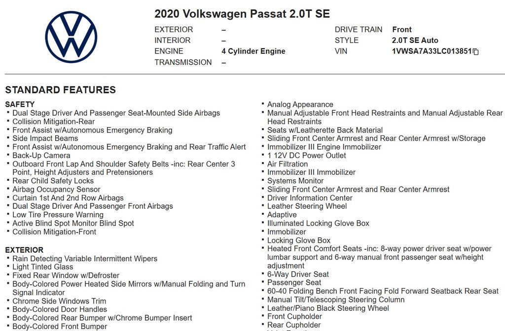 2020 Volkswagen Passat 2.0T SE photo