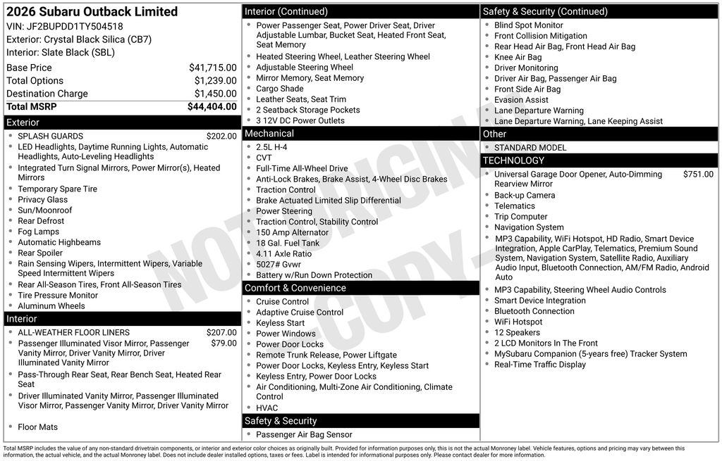 New 2026 Black Subaru Limited image 6