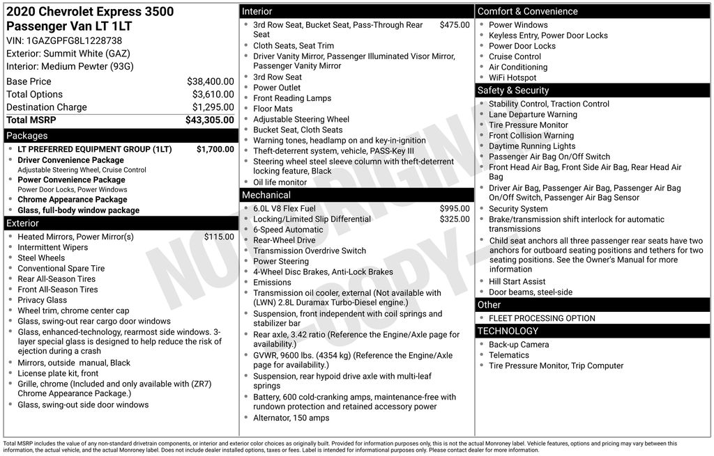 2020 Chevrolet Express Passenger RWD 3500 Extended Wheelbase LT