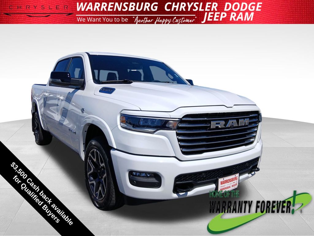 Bright White Clearcoat 2026 RAM 1500 Laramie Crew Cab 4WD Pickup Truck Four-Wheel Drive 8-Speed Automatic