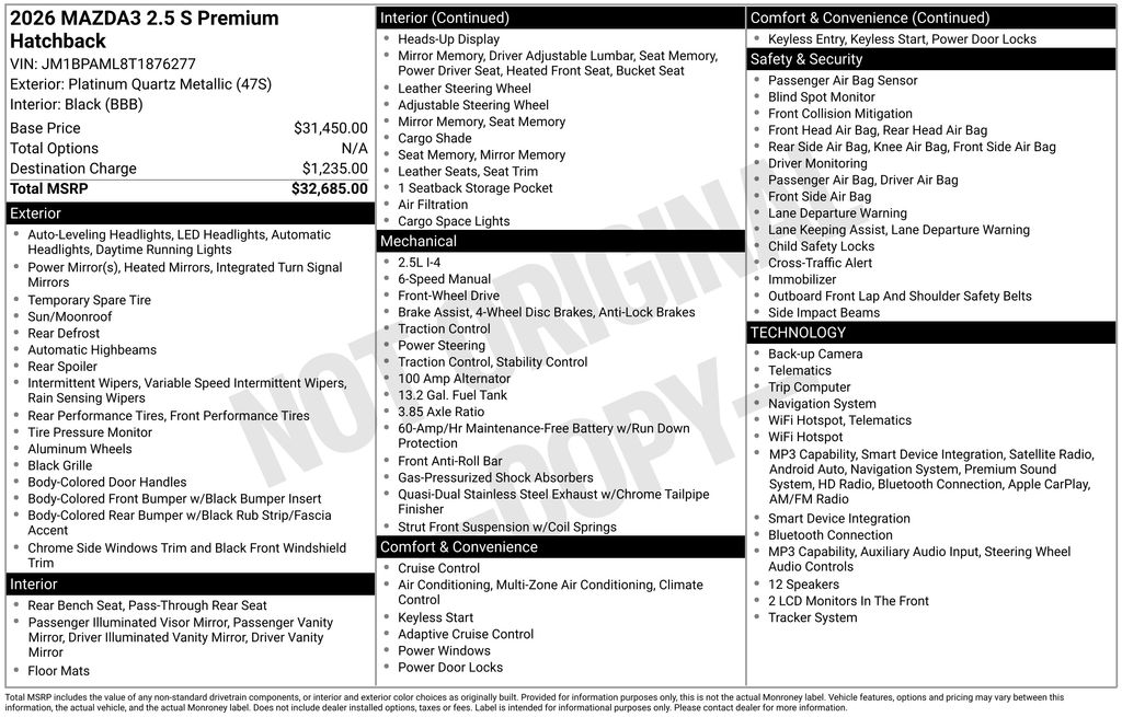 Gray (Platinum) 2026 Mazda MAZDA3 2.5 S Premium Hatchback FWD Hatchback Front-Wheel Drive 6-Speed Manual