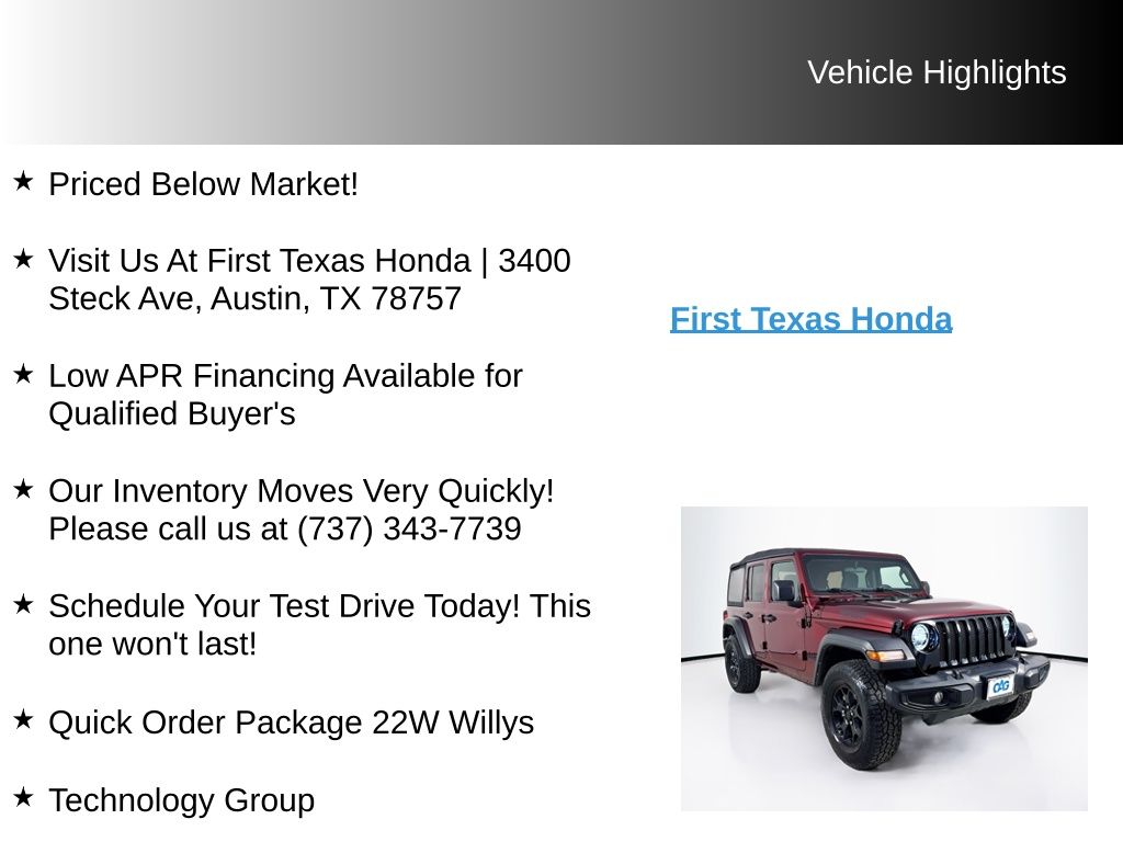 Used Car 2021 Jeep Wrangler  Unlimited Willys For Sale Under $30,000 In Austin, Texas