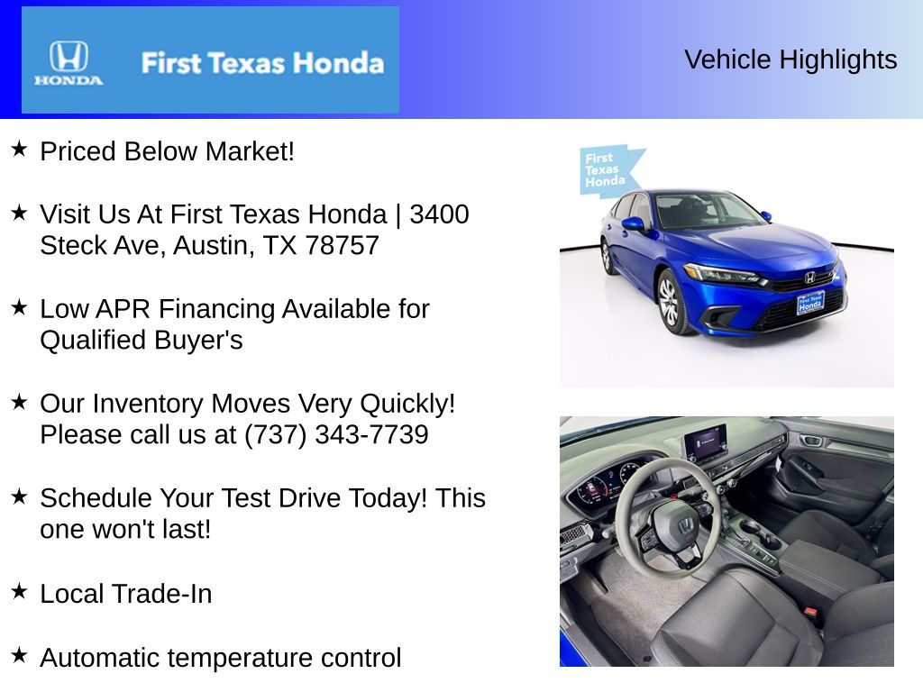 Used Car 2023 Honda Civic  Lx For Sale Under $25,000 In Austin, Texas