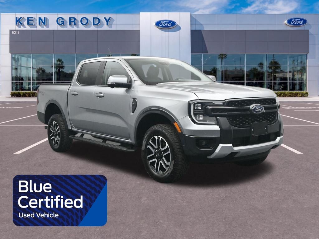 Iconic Silver Metallic 2024 Ford Ranger Lariat SuperCrew 4WD Pickup Truck Four-Wheel Drive Automatic