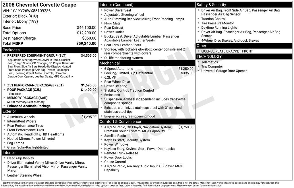 2008 Black Chevrolet Corvette Base RWD Coupe