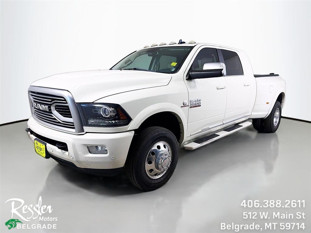 Pearl White 2018 RAM 3500 Laramie Longhorn Mega Cab DRW 4WD Pickup Truck Four-Wheel Drive 6-Speed Automatic