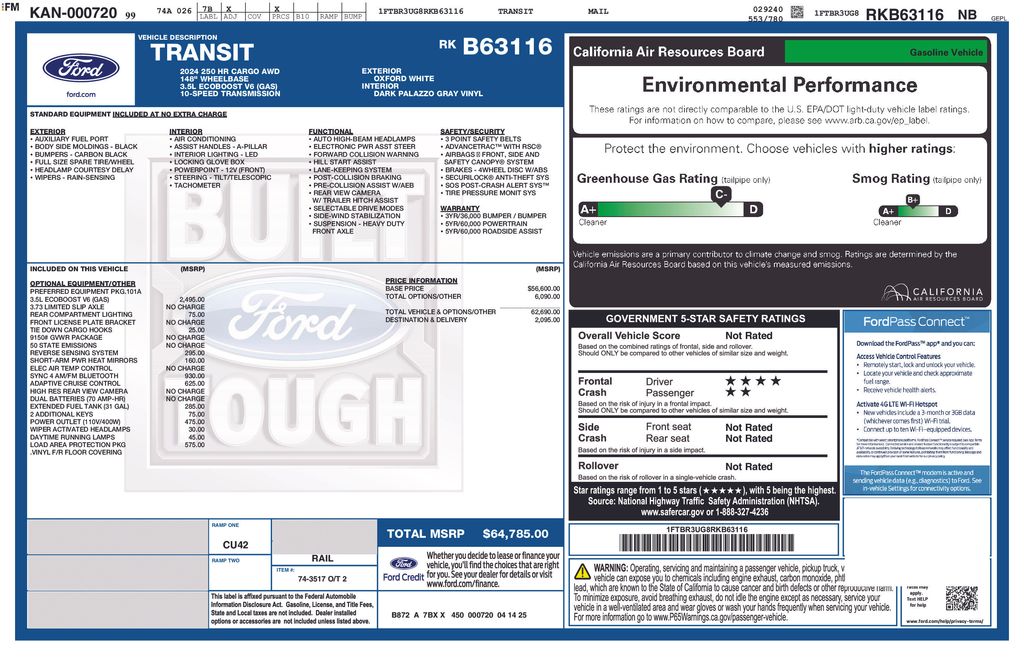 New 2024 Ford Transit Cargo Van 148 WB Extended 250 High Roof