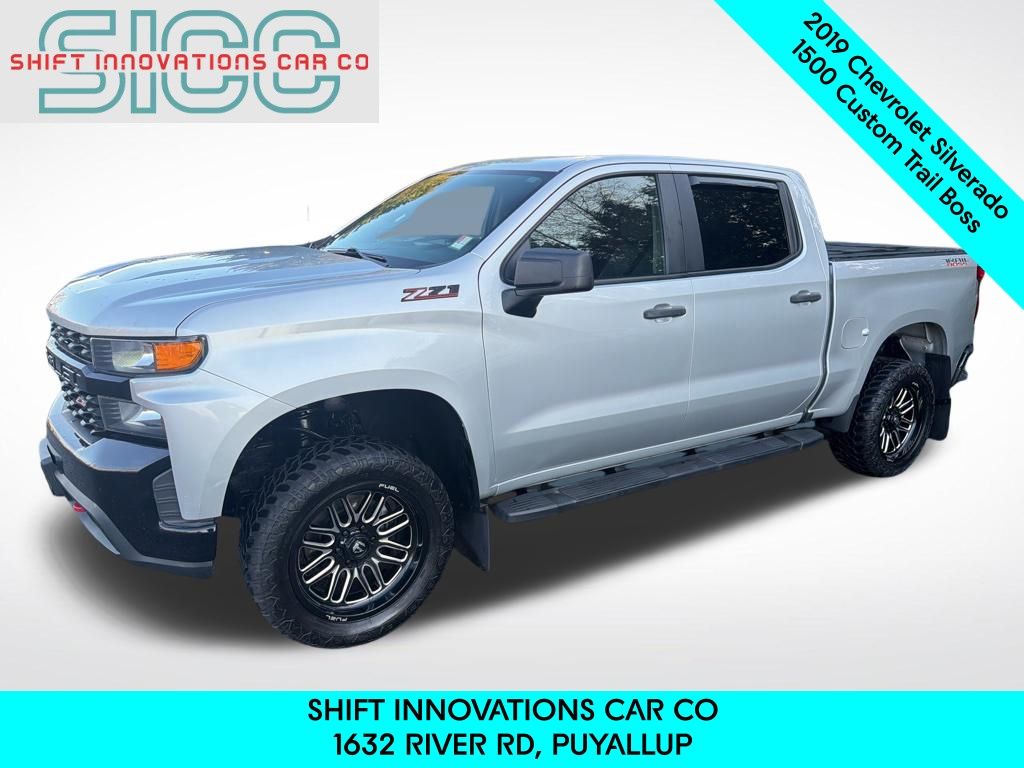 Silver 2019 Chevrolet Silverado 1500 Custom Trail Boss Crew Cab 4WD Pickup Truck Four-Wheel Drive 6-Speed Automatic Overdrive