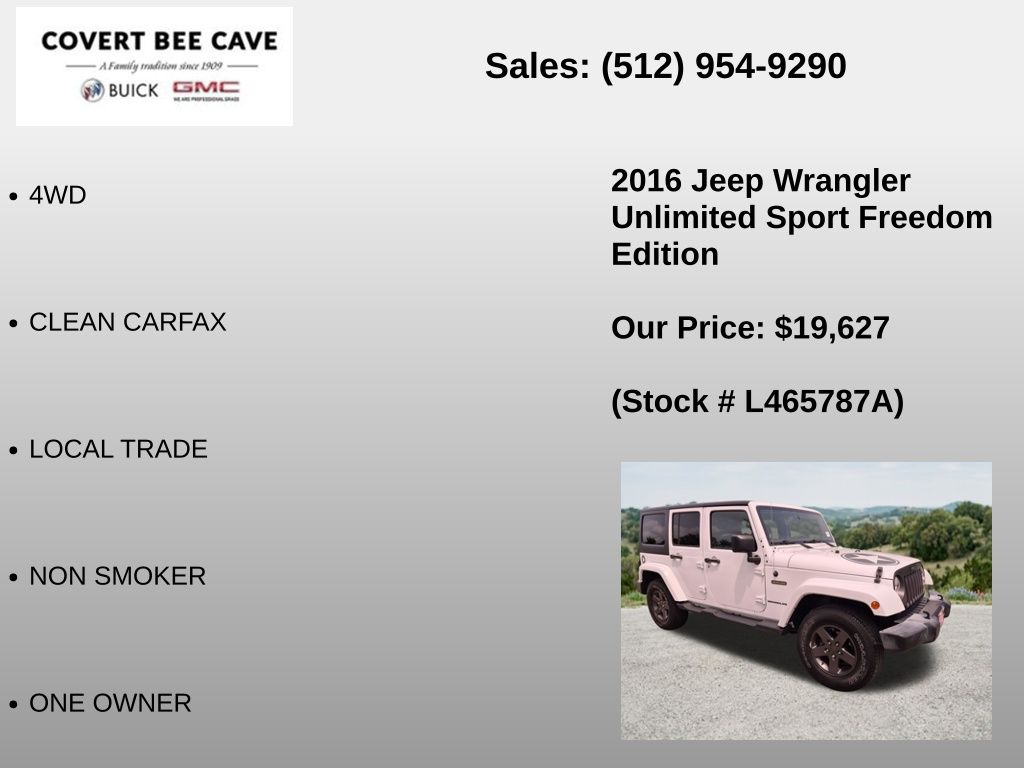 Used Car 2016 Jeep Wrangler  Unlimited Freedom Edition For Sale Under $20,000 In Austin, Texas