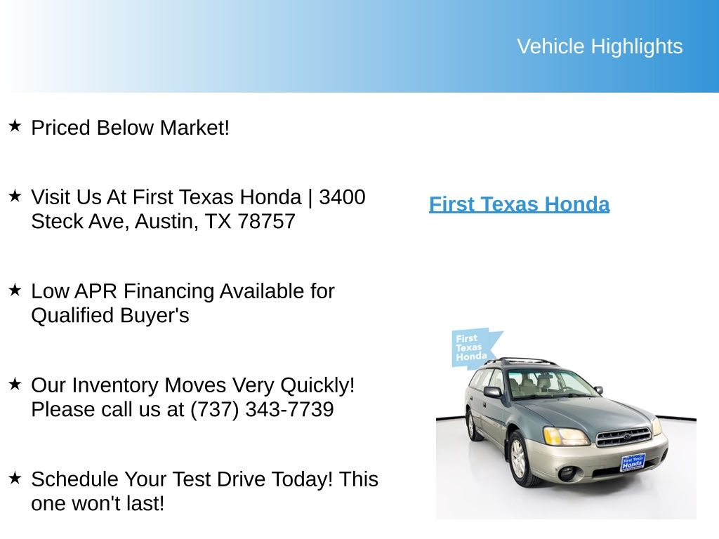 Used Car 2002 Subaru Outback  2.5 For Sale Under $10,000 In Austin, Texas