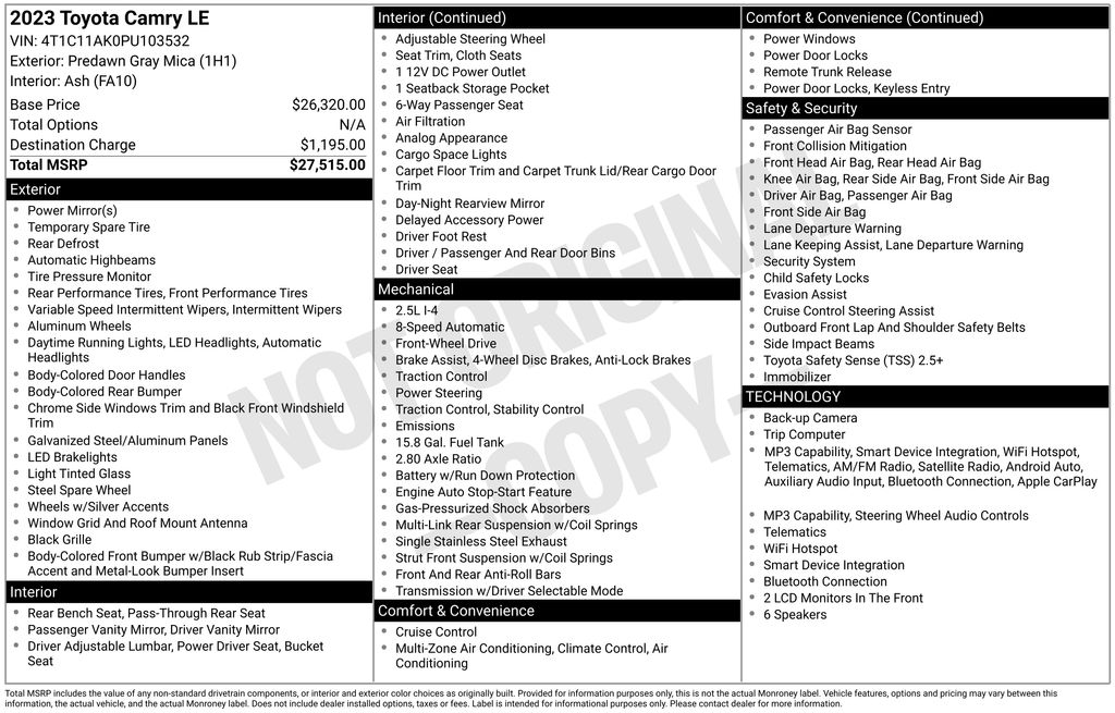 Used Car 2023 Toyota Camry  Le For Sale Under $25,000 In Austin, Texas