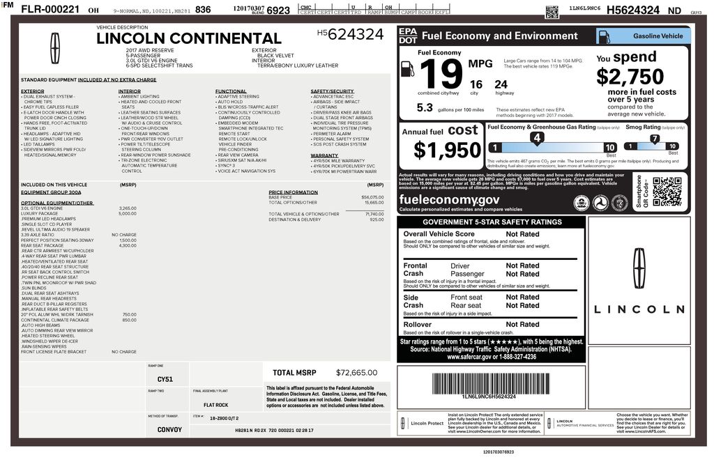 Velvet 2017 Lincoln Continental Reserve AWD Sedan All-Wheel Drive 6-Speed Automatic