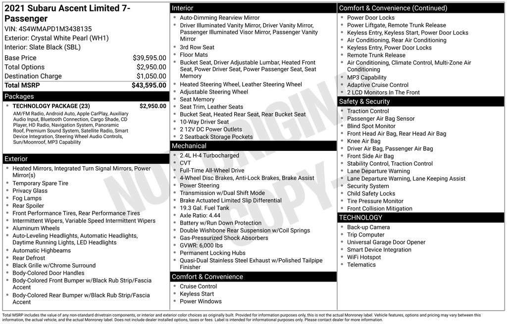 Used Car 2021 Subaru Ascent  Limited For Sale Under $25,000 In Austin, Texas