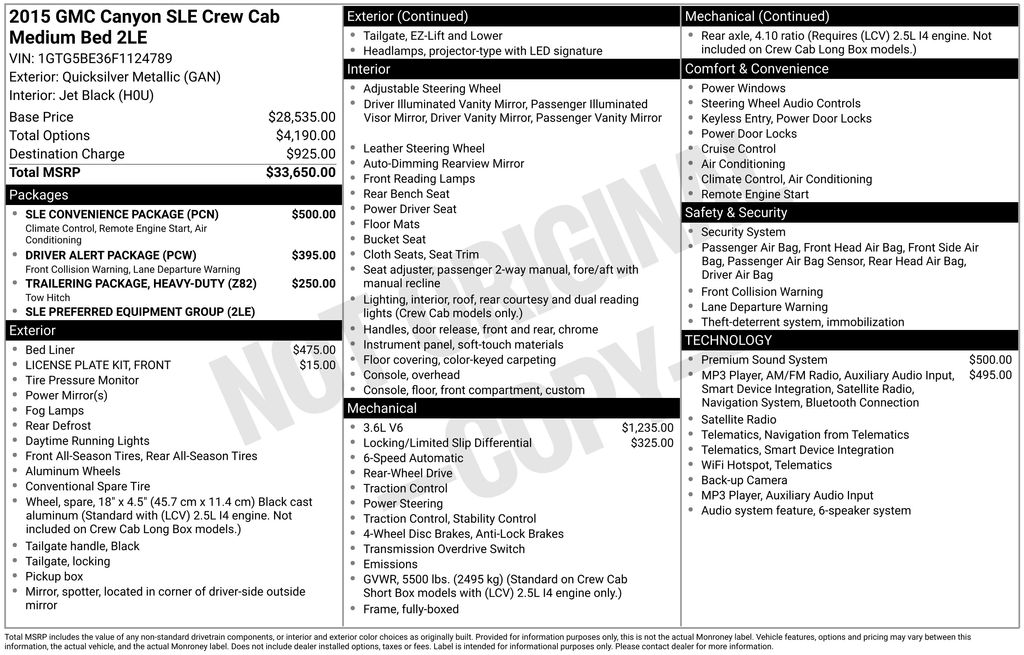 Quicksilver Metallic 2015 GMC Canyon Pickup Truck 4X2 6-Speed Automatic