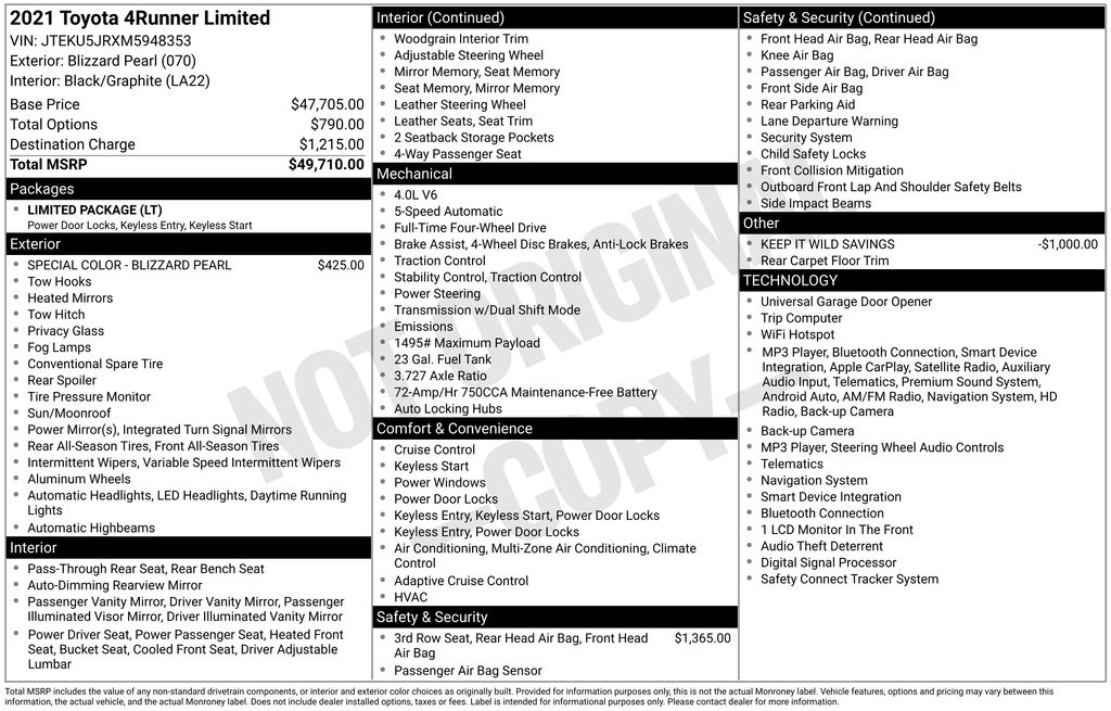 2021 Blizzard Pearl Toyota 4Runner Limited 4X4 SUV