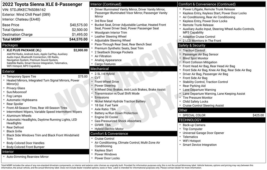 2022 Wind Chill Pearl Toyota Sienna XLE FWD Van
