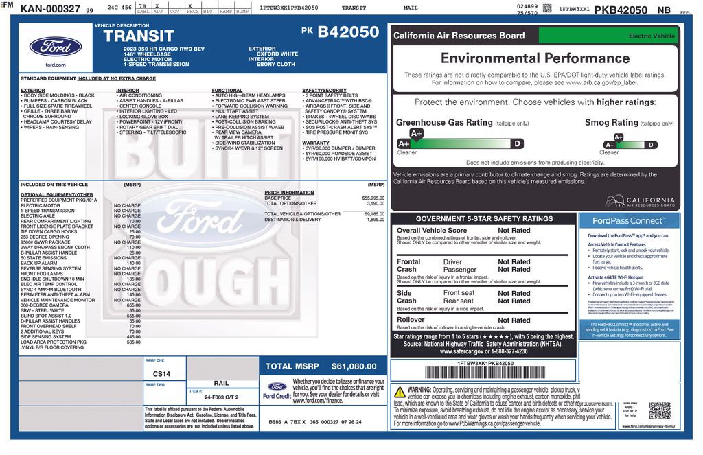 Certified 2023 Ford E-Transit Cargo Van Base with VIN 1FTBW3XK1PKB42050 for sale in New Smyrna Beach, FL