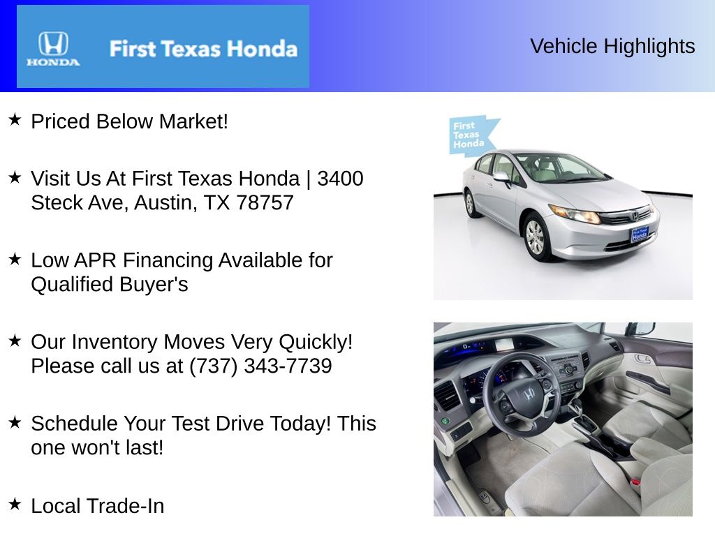 Used Car 2012 Honda Civic  Lx For Sale Under $12,000 In Austin, Texas