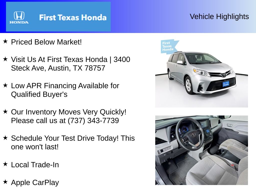 Used Car 2019 Toyota Sienna  Le For Sale Under $25,000 In Austin, Texas