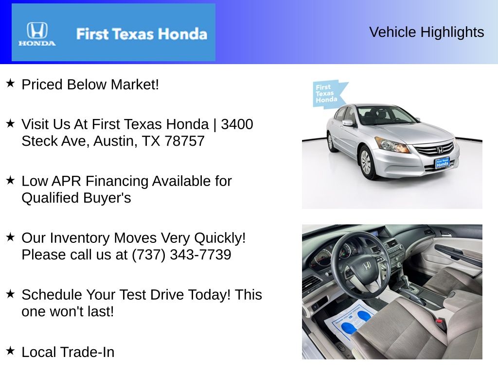 Used Car 2012 Honda Accord  Lx For Sale Under $10,000 In Austin, Texas