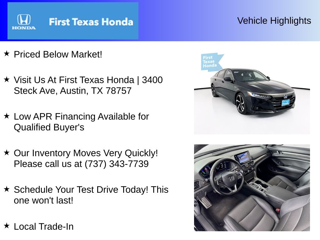 Used Car 2022 Honda Accord Hybrid  Sport For Sale Under $25,000 In Austin, Texas